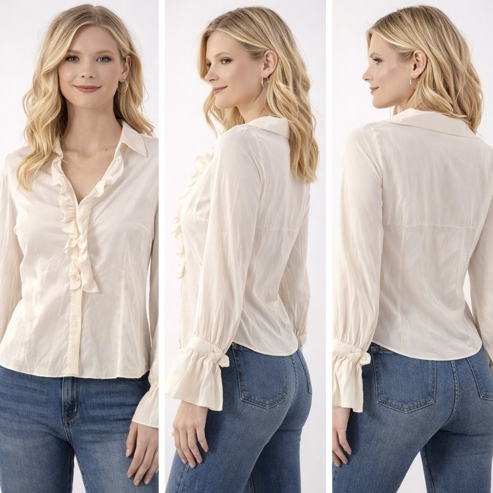 Trina Turk Silk Ruffle V-Neck Blouse Cream Ivory Bell Cuff Long Sleeve Top M